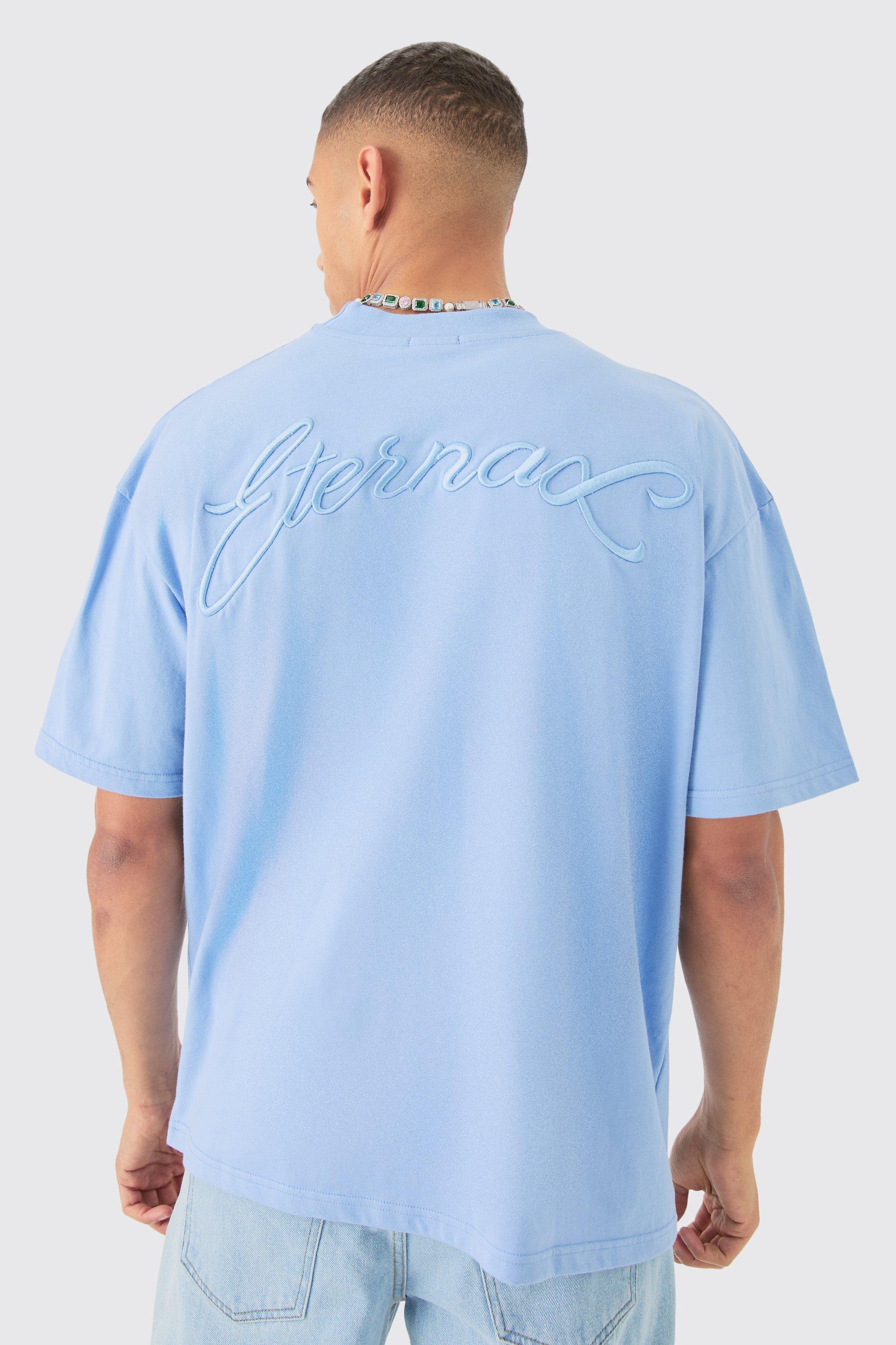 Mens Blue Oversized Extended Neck Heavyweight T-shirt, Blue